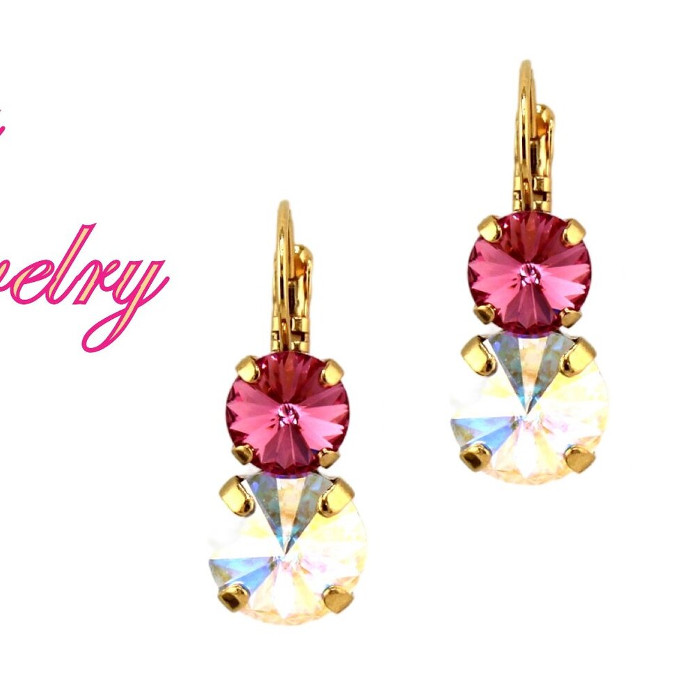 Crystal AB and Rose 2 Stone Crystal Earrings in Gold Plated Lever Back Settings